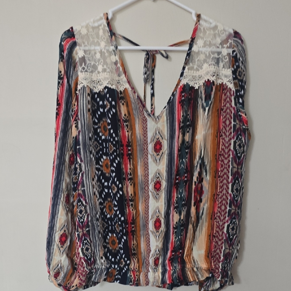 gimmicks by BKE Multi-Stripe Lace-Yoke Boho Blouse in Navy, Cream, Rust, Pink